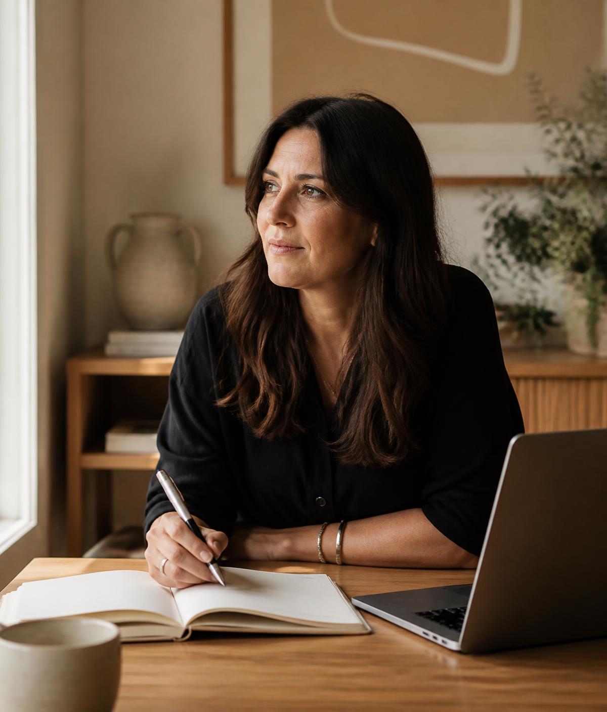 A woman entrepreneur reflecting at her desk